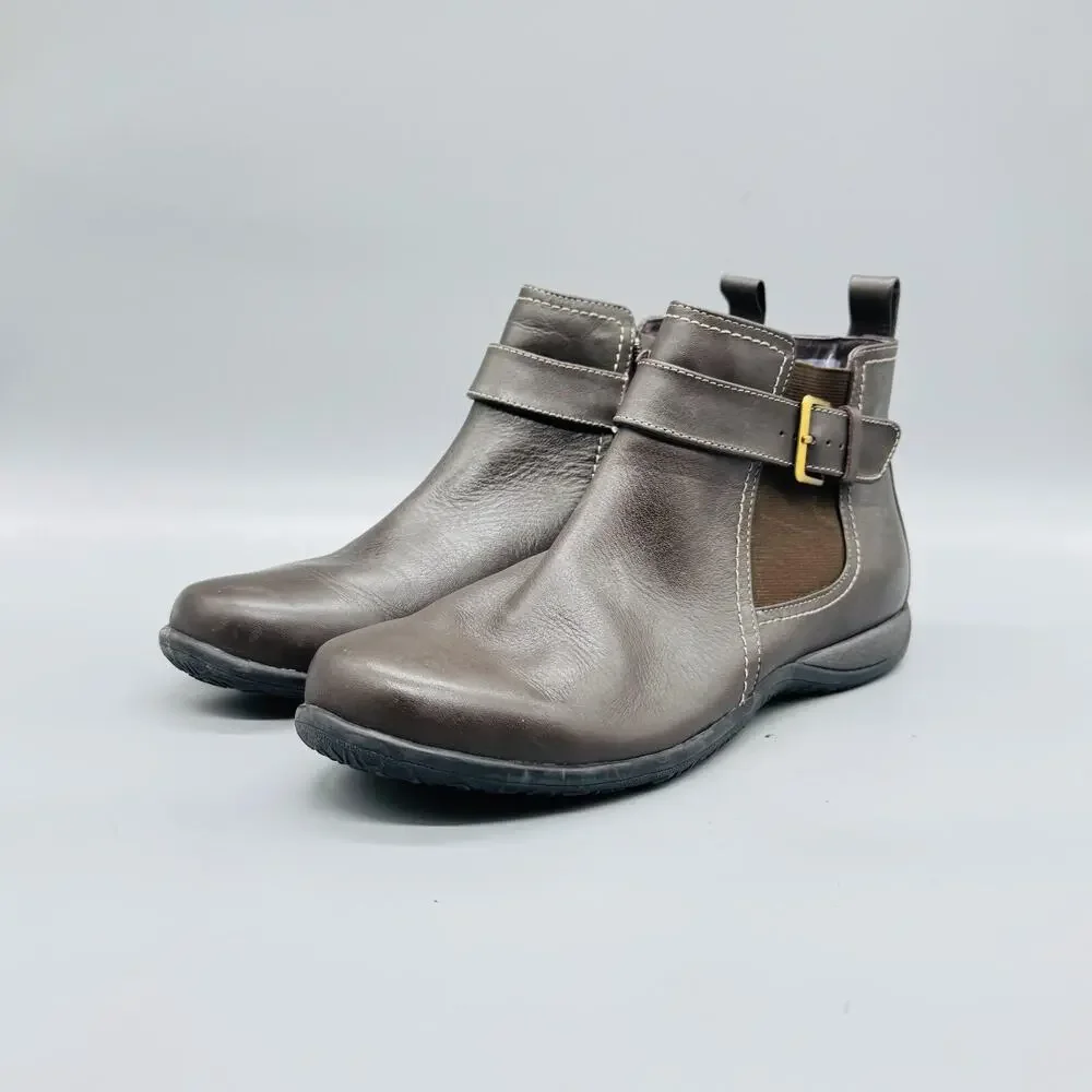 Vionic Boots Womens 10 Brown Leather Adrie Ankle Zip Buckle Flat Booties Shoes